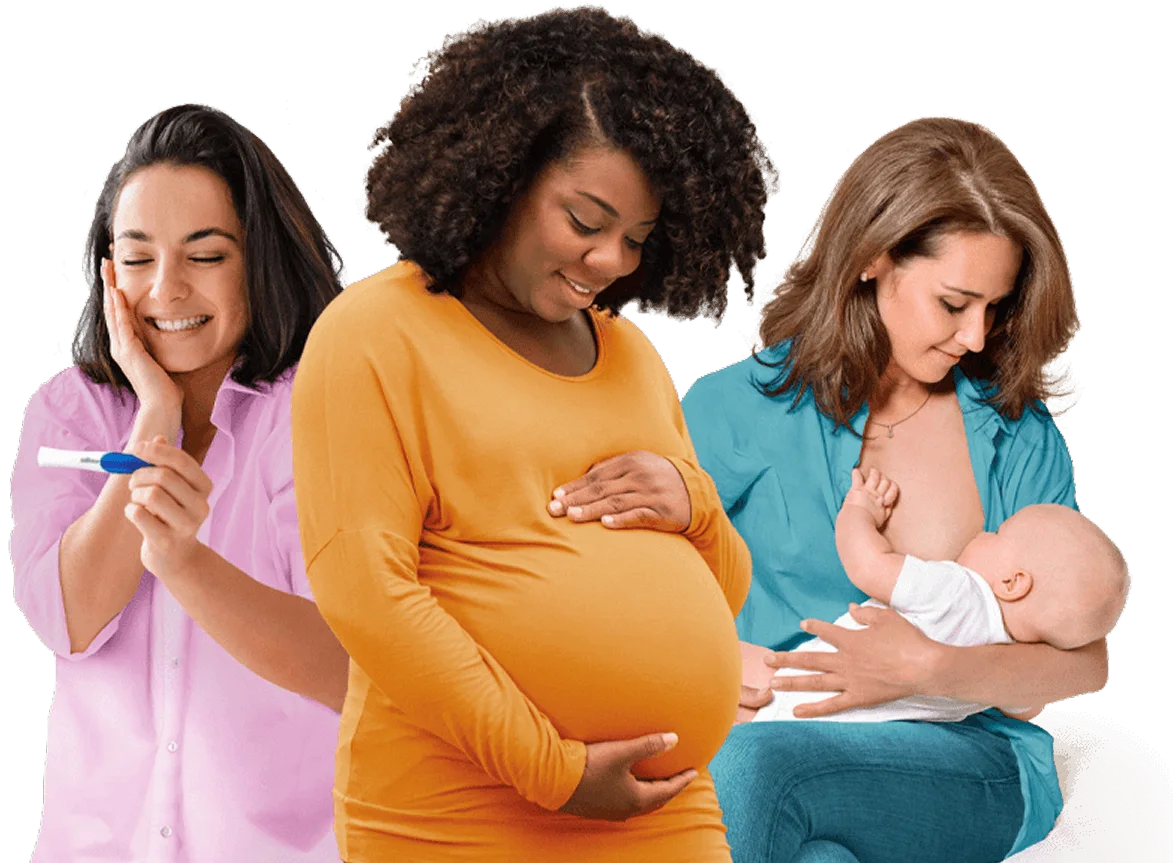 Três mulheres em diferentes estágios da gravidez