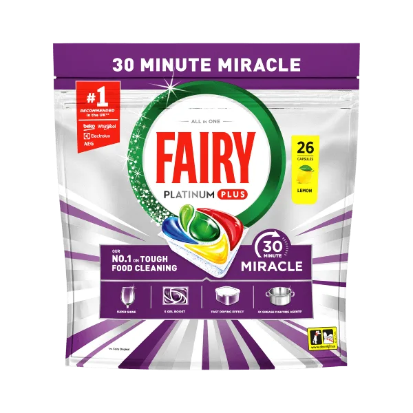Fairy Platinum Plus Lemon dishwasher tablets, 26 capsules, 30 Minute Miracle, #1 in tough food cleaning.