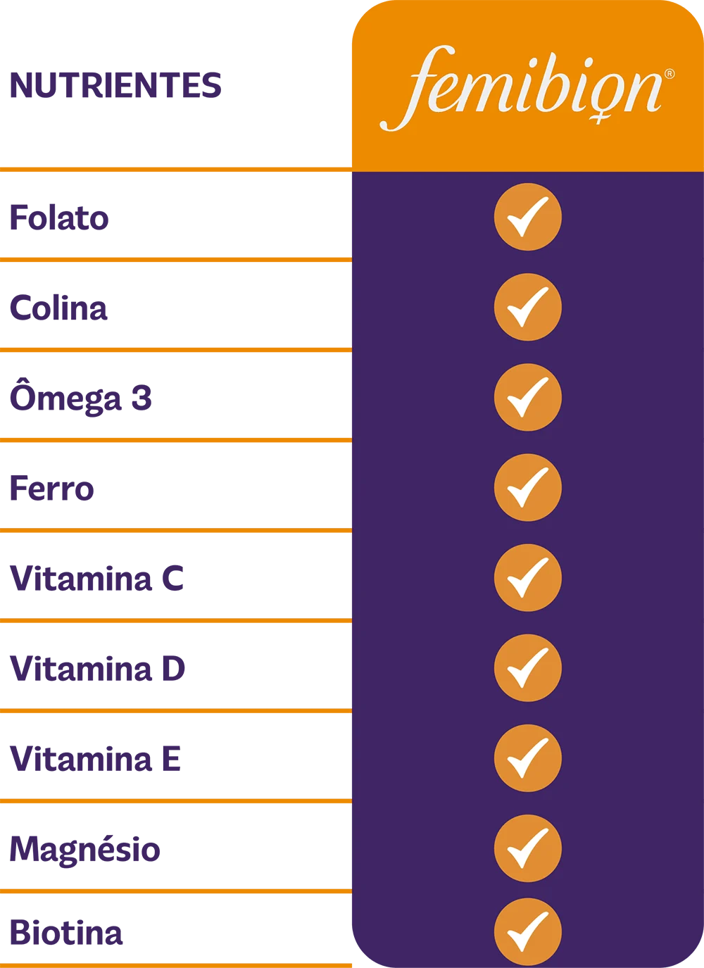 Femibion Nutrientes: folato, colina, ômega 3, ferro, vitaminas C, D e E, magnésio e biotina.
