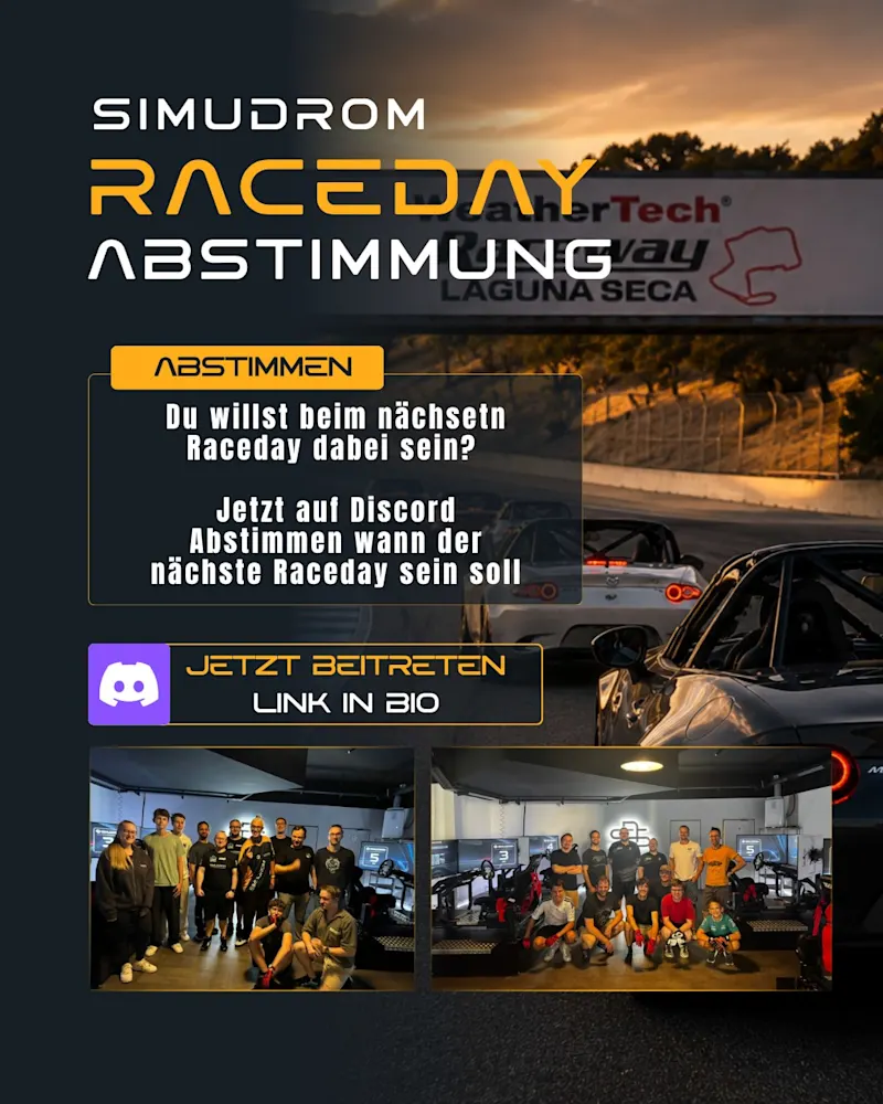 Raceday verpasst? 🏁👀

Dann sei beim nächsten dabei!
Tritt jetzt unserem Discord bei und stimme mit ab, was beim nächsten Raceday gefahren wird. 🗳️🏎️

Die Strecke? Bleibt natürlich bis zum Raceday geheim. 🤫

👉 Discord-Link in der Bio

#simudrom #simracing #raceday #vienna #wien #simracingaustria