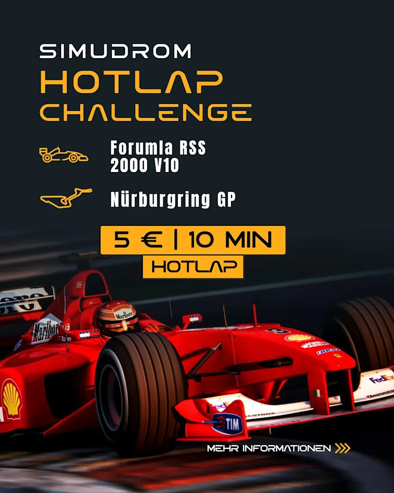 🔥 Hotlap Challenge im Oktober!

Mit dem RSS 2000 Formula geht’s auf den Nürburgring GP. 🏎️💨

Setz deine Bestzeit und kämpf dich im Oktober an die Spitze der Zeitenliste. 👀

👉 Jetzt Session buchen – Link in der Bio.

#simudrom #hotlapchallenge #simracing #racing #vienna