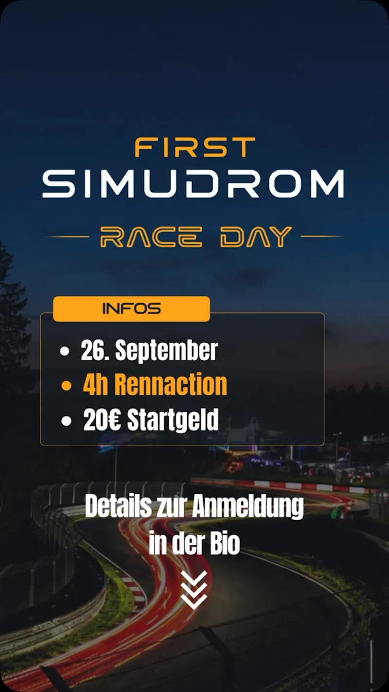 Melde dich jetzt zu unserem Raceday an 🔥🏎️

Fahre im SIMUDROM gegen maximal 18 andere Teilnehmer. 

Was dich erwartet:
- entspannte Atmosphäre 
- Faire Racing Action
- Unsere Community 
- Tolle Preise 

Kaufe jetzt dein Ticket über die Website und komm am Samstag den 26ten zu uns ins Studio. Racing Action erwartet dich.

Link in der Bio 📍

#simudrom #simracing #raceday #wienliebe