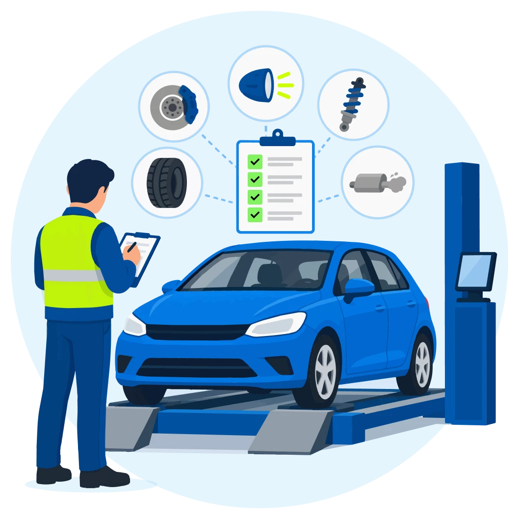 Inspector revisando un coche azul con una lista de verificación.
