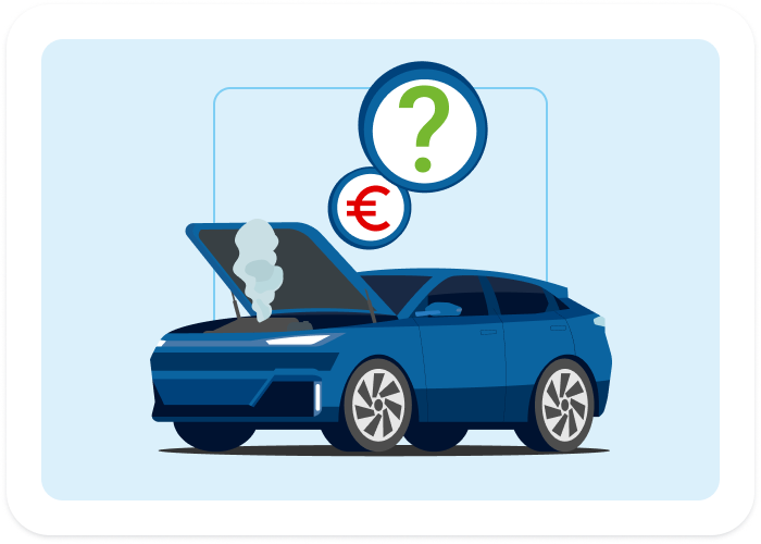 Auto blu con motore fumante e simbolo dell'euro, a indicare costi di riparazione incerti.