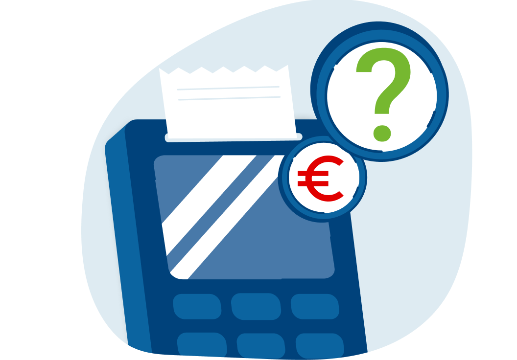 Terminale di pagamento con scontrino, accanto al simbolo dell’euro e a un punto interrogativo.