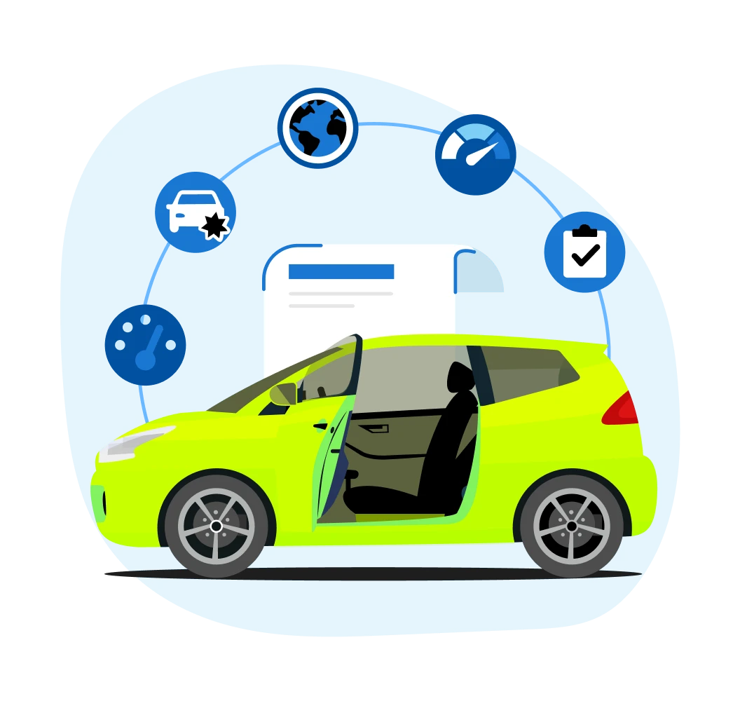 Ein grünes Auto mit geöffneter Tür und Symbolen für Fahrzeughistorie, darunter Import, Kilometerstand, Schäden und Prüfungen.