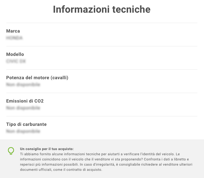 Pannello delle informazioni tecniche del report CARFAX con una nota che invita gli acquirenti a verificare i dati con il venditore.