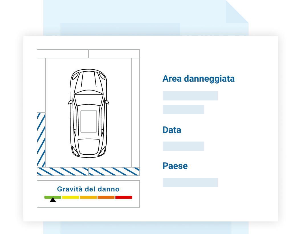 Schema danni dal rapporto CARFAX: evidenziati lato sinistro e retro dell’auto, scala di gravità visibile.