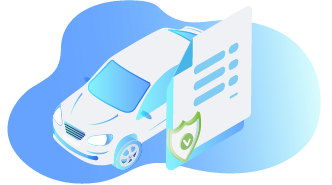 Coche con un documento flotante y un icono de escudo verde delante.