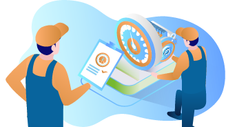 Dwóch mechaników sprawdza licznik przebiegu i trzyma listę kontrolną.