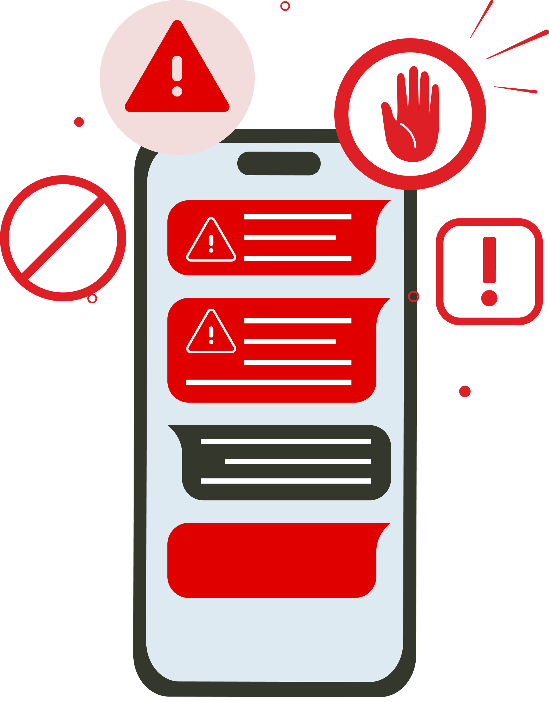 Illustrazione di uno smartphone con messaggi di avviso in rosso e icone di allerta, che simboleggiano avvisi di truffa o frode.