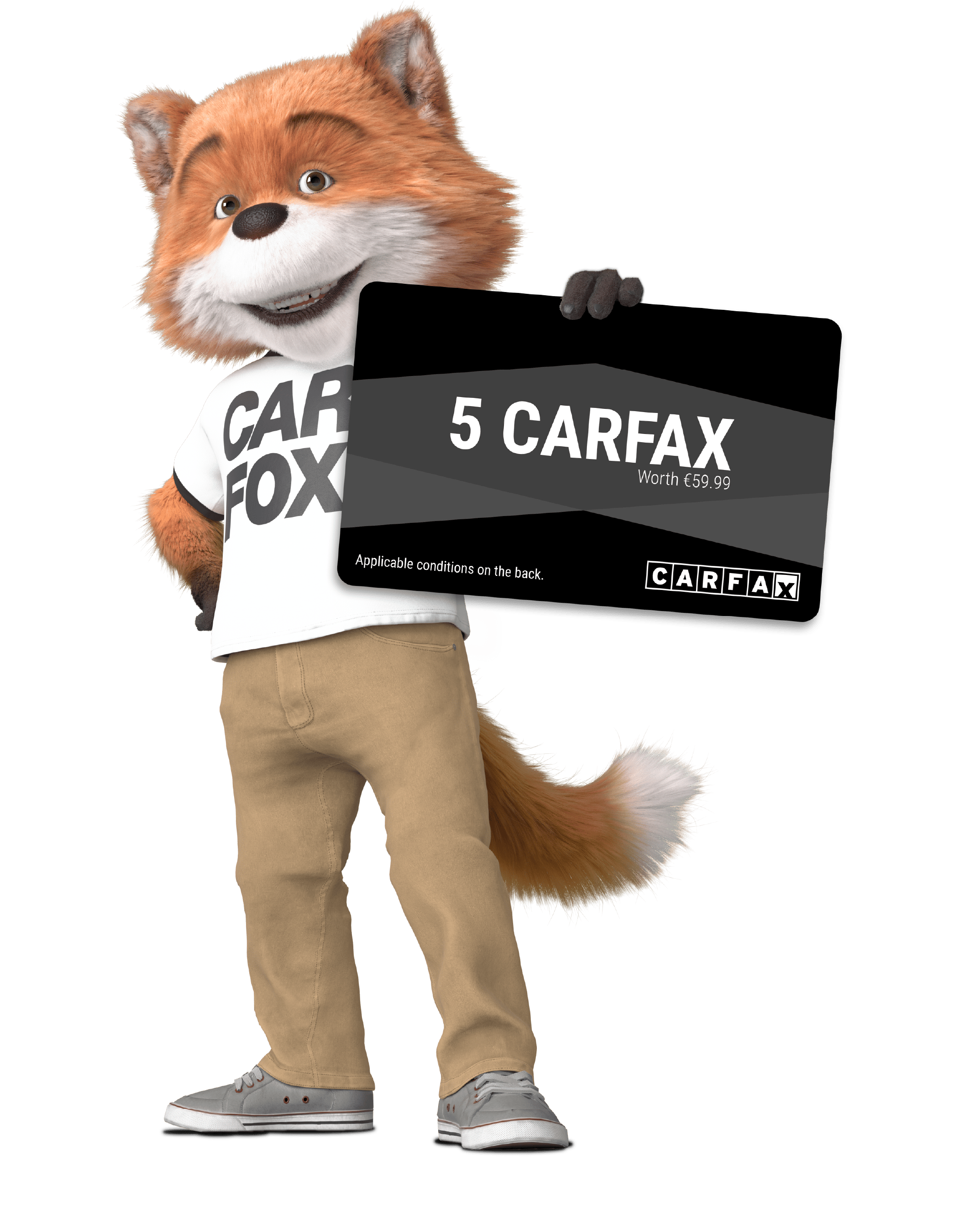 CARFOX holding a black voucher card offering 5 free CARFAX credits.
