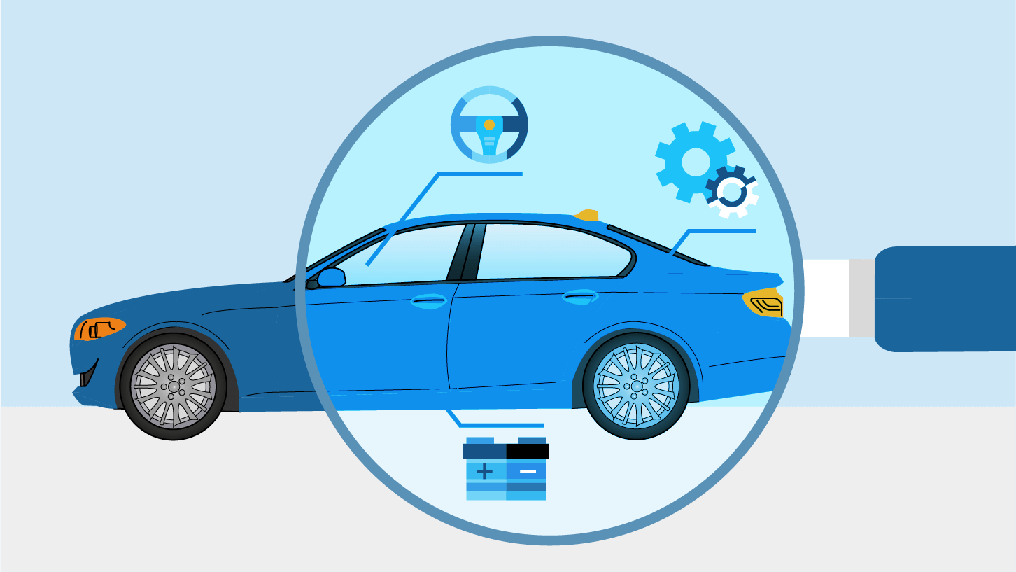 Sedán azul bajo lupa que resalta volante, engranaje y batería.