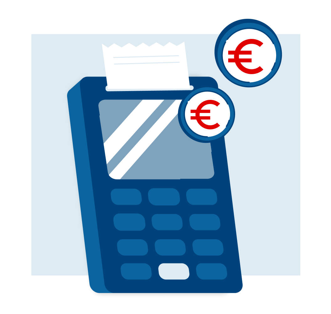 Terminal de pago con recibo impreso y dos símbolos de euro.