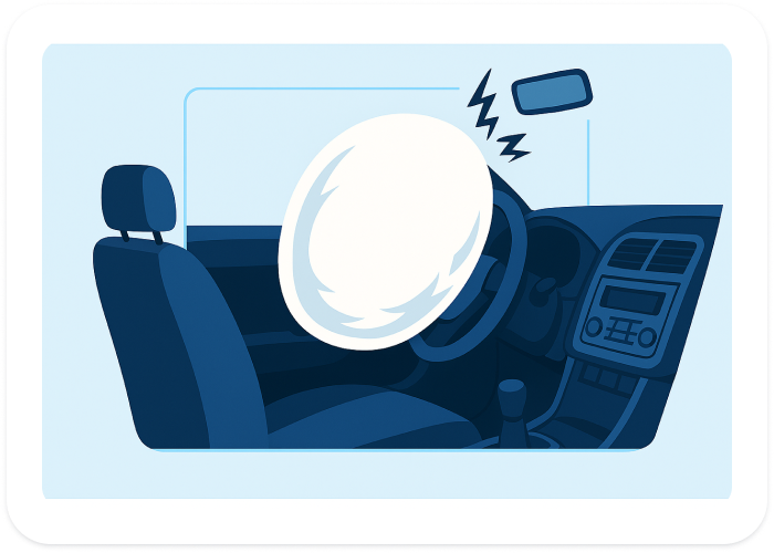 Illustrazione degli interni di un’auto con airbag lato guida aperto sul volante.