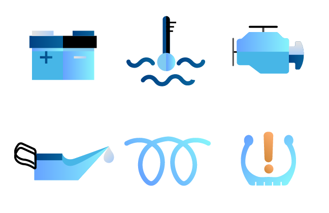 Seis testigos del tablero: batería, temp. motor, check engine, poco aceite, bujías, presión neumáticos.