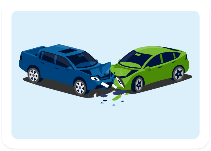 Two cars collide head-on, with front-end damage and debris on the ground.