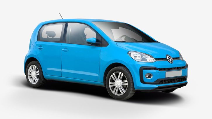Volkswagen Up! blu, auto compatta su sfondo bianco.