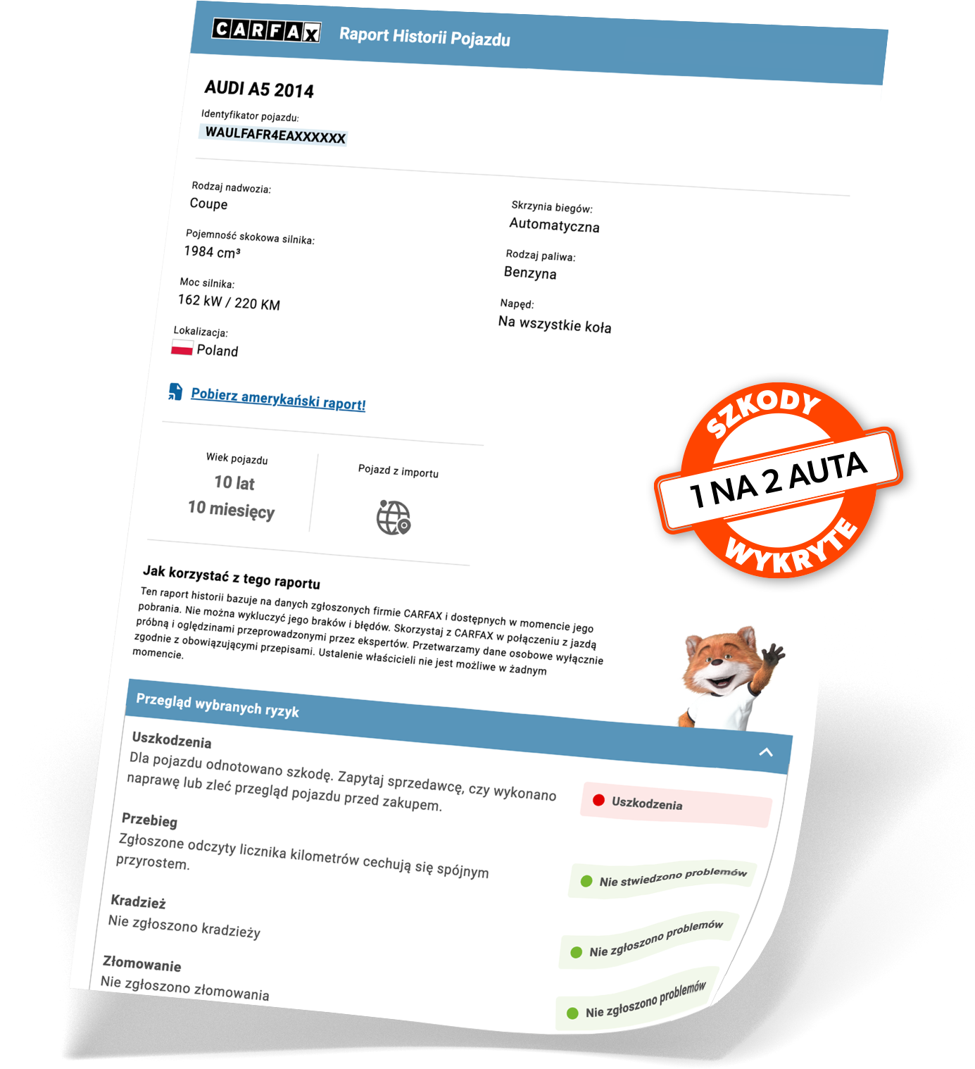 Makieta polskiego raportu historii pojazdu CARFAX z danymi auta i plakietką "Szkody wykryte: 1 na 2 auta".