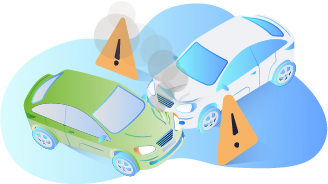 Två bilar i en frontalkrock med varningssymboler.