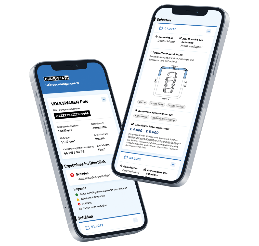 Zwei Mobiltelefone, die einen Beispielbericht von CARFAX anzeigen.