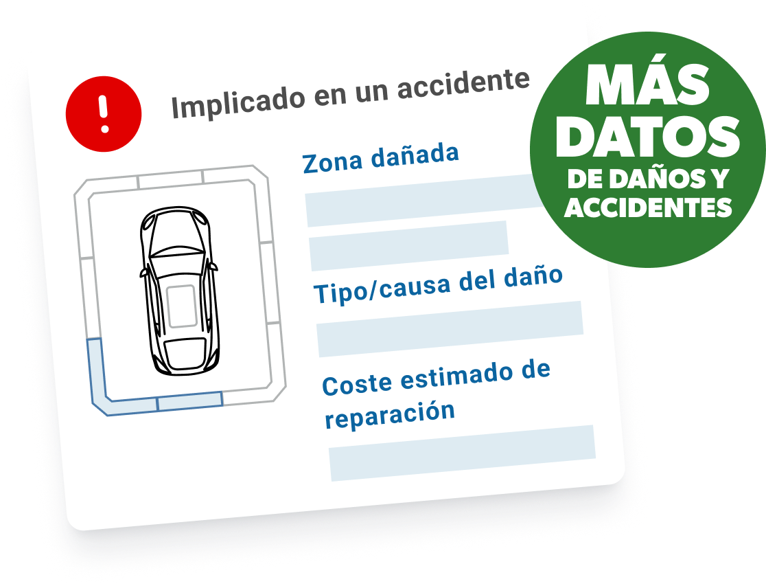 Sección de daños de CARFAX con aviso de accidente, diagrama con zona dañada y sello “Más datos de daños y accidentes”.