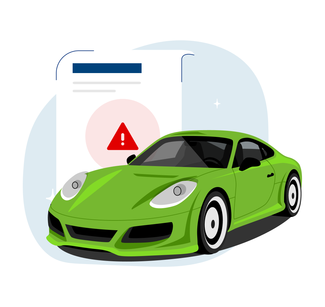 Coche verde brillante frente a un informe CARFAX con símbolo de advertencia.