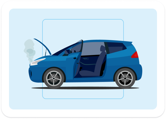 Utilitaria blu con cofano aperto e fumo dal motore, illustrazione di un guasto.