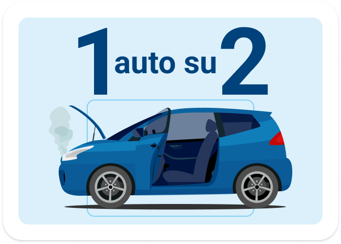Utilitaria blu con cofano aperto e fumo dal motore, illustrazione di un guasto.