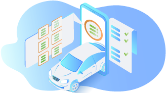 Illustration mit Auto, Smartphone und digitalen Checklisten für einen Fahrzeugbericht.