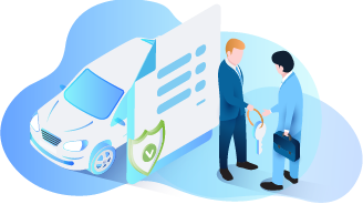 Zwei Männer im Anzug schütteln sich die Hand, einer übergibt Autoschlüssel, im Hintergrund ein Auto und ein Vertrag.