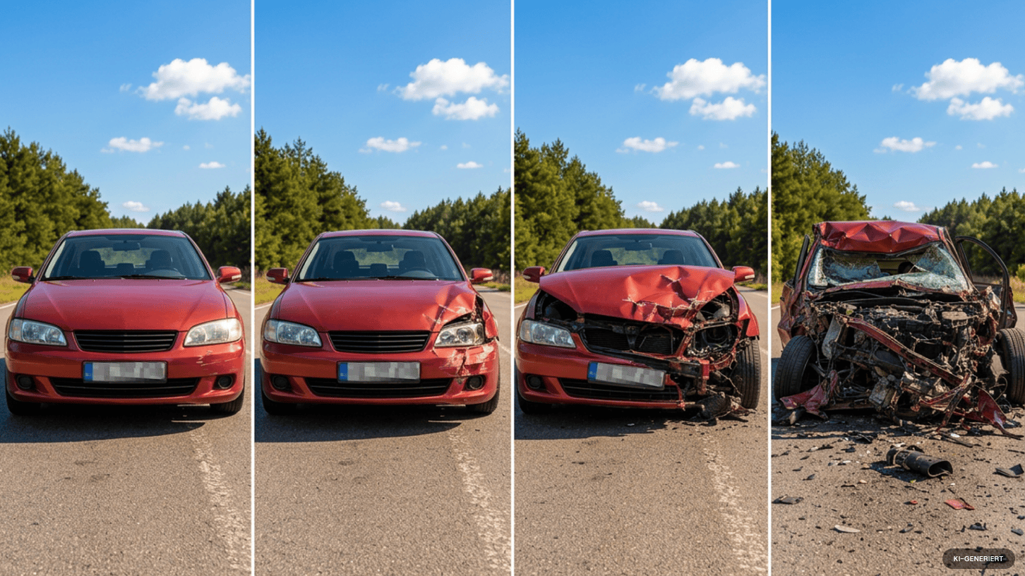 Vier Bilder zeigen ein rotes Auto mit zunehmend schweren Frontschäden – von leichten Beschädigungen bis hin zum Totalschaden.