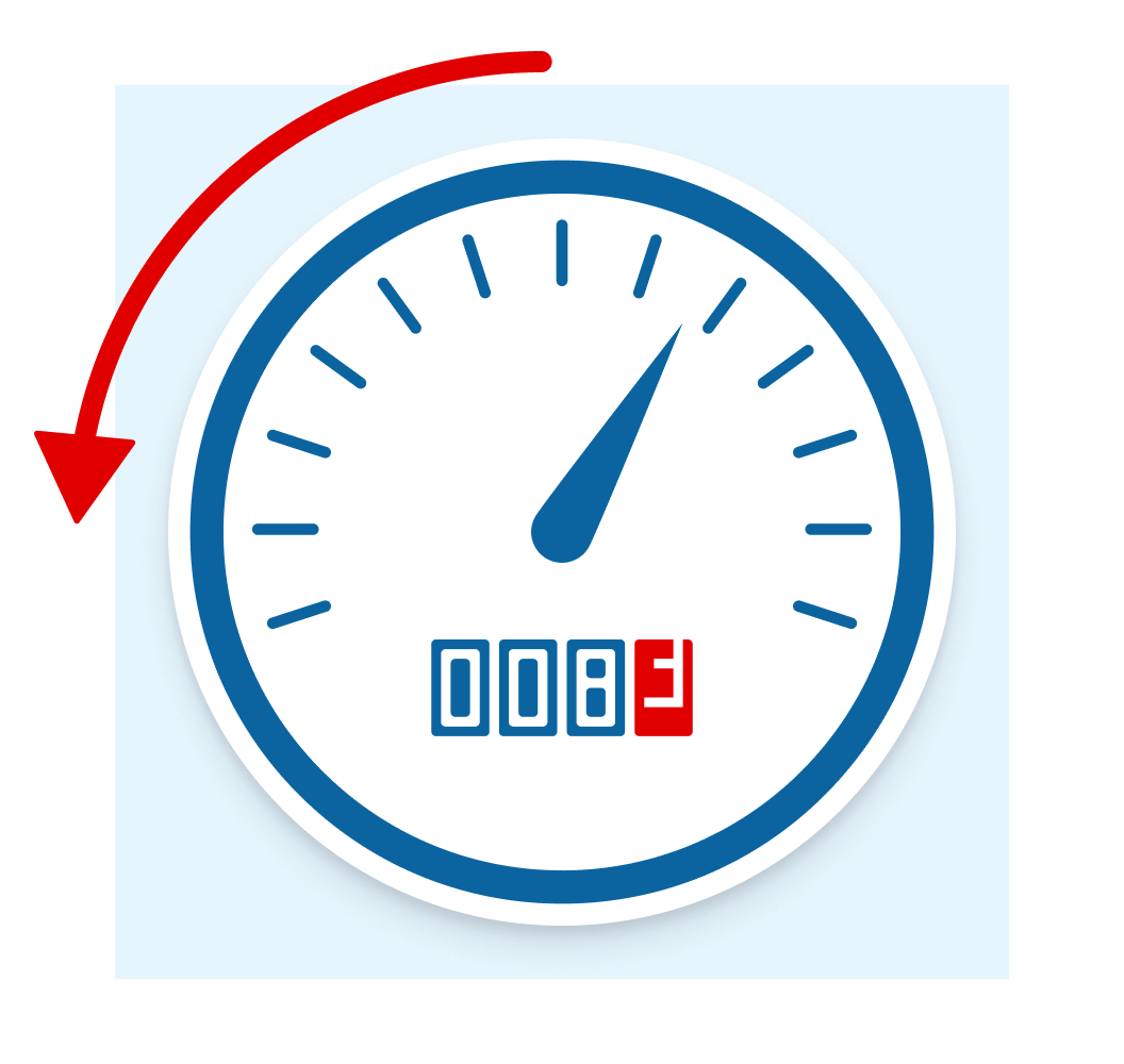 Cuentakilómetros con flecha roja que indica retroceso y cifra invertida.