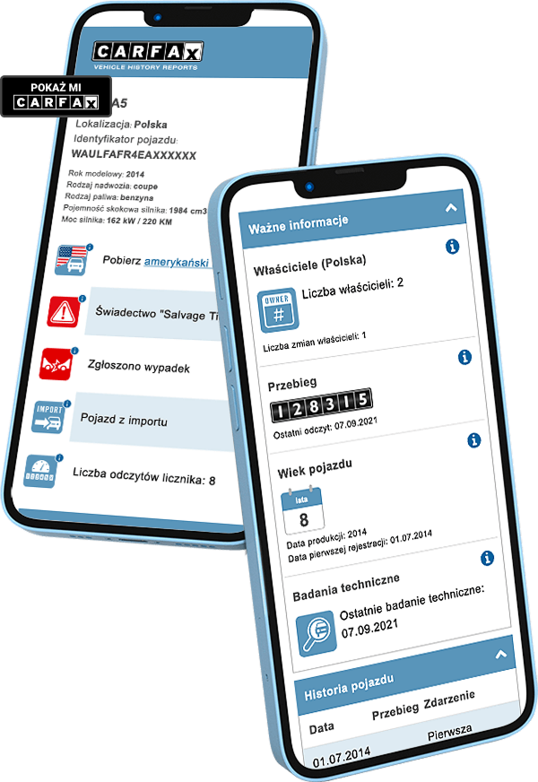 Dwa telefony komórkowe wyświetlające przykładowy raport CARFAX
