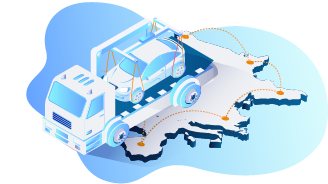 Lkw transportiert ein Auto auf einer Karte mit gestrichelten Lieferwegen.