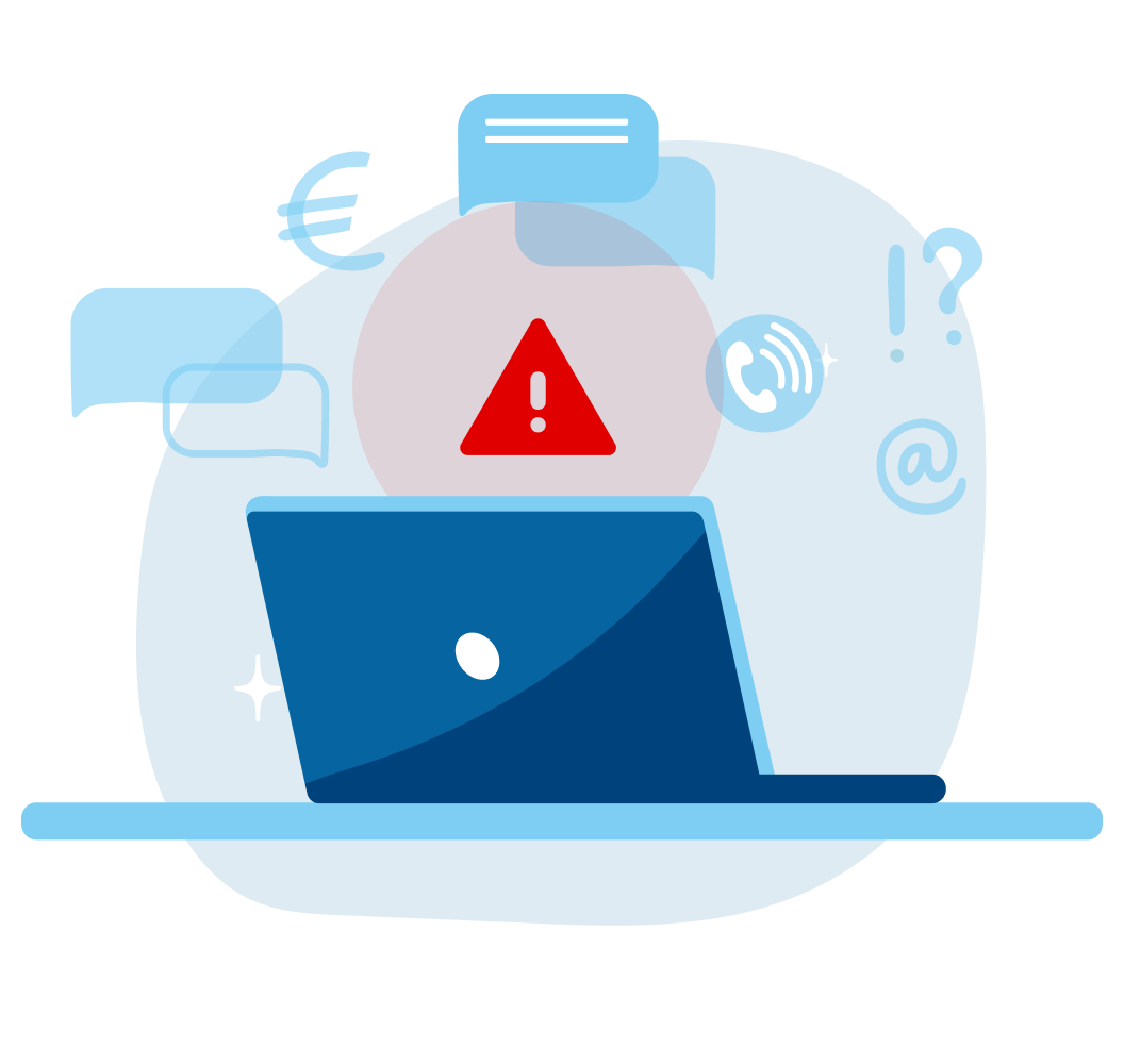 Illustrazione di un laptop con un’icona di avviso rossa sopra, circondata da simboli di chat, e-mail e telefono che rappresentano avvisi di truffa online.