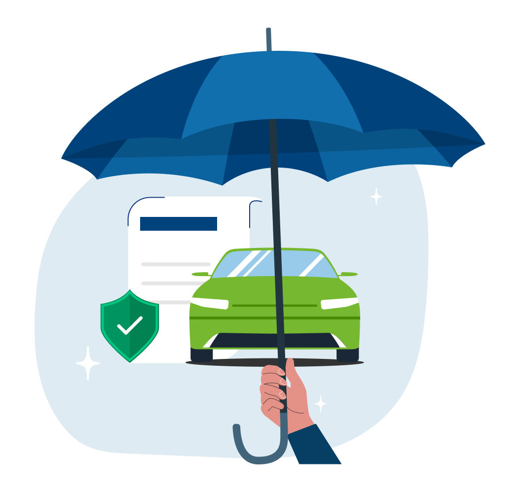 Mano sosteniendo un paraguas sobre un coche verde, un informe y un escudo con una marca.