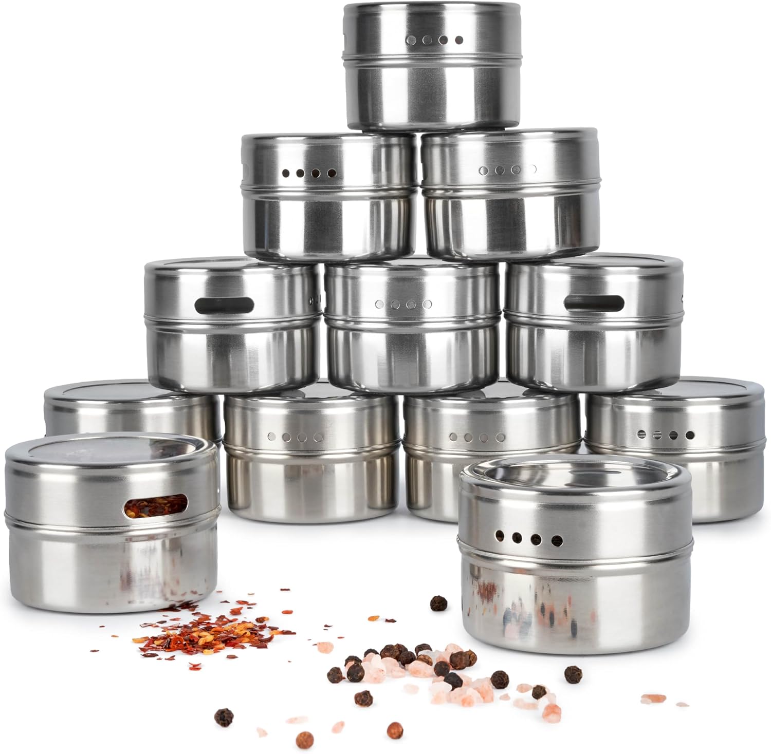 Oak & Steel 12 Especias de Tarros (100ml) - Acero inoxidable Frascos Magnéticos Elegantes