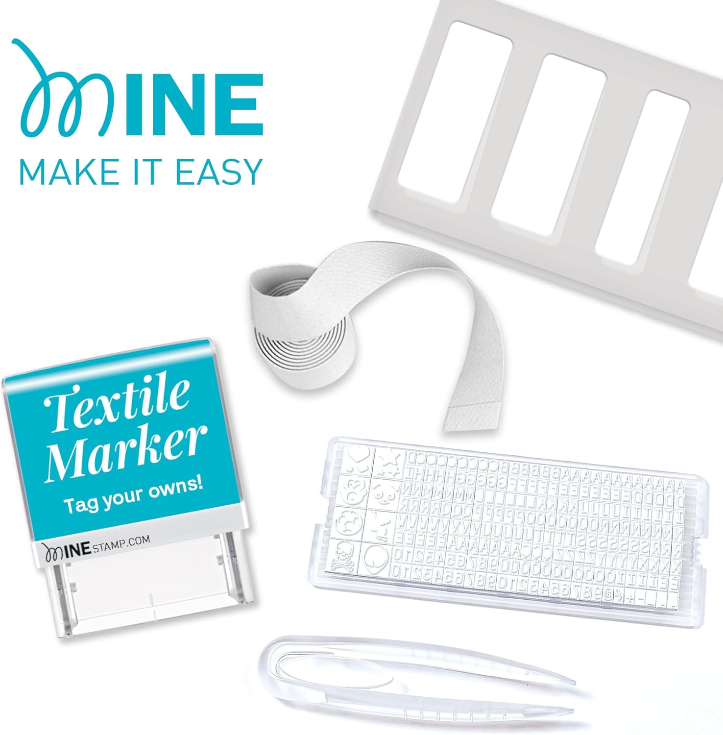 Mine Stamp Marcador para Ropa y Objetos Smart | Kit Completo con Etiquetas y Cinta Termoadhesiva | Sello Personalizable para Adultos y Niños | Resistente a Lavados