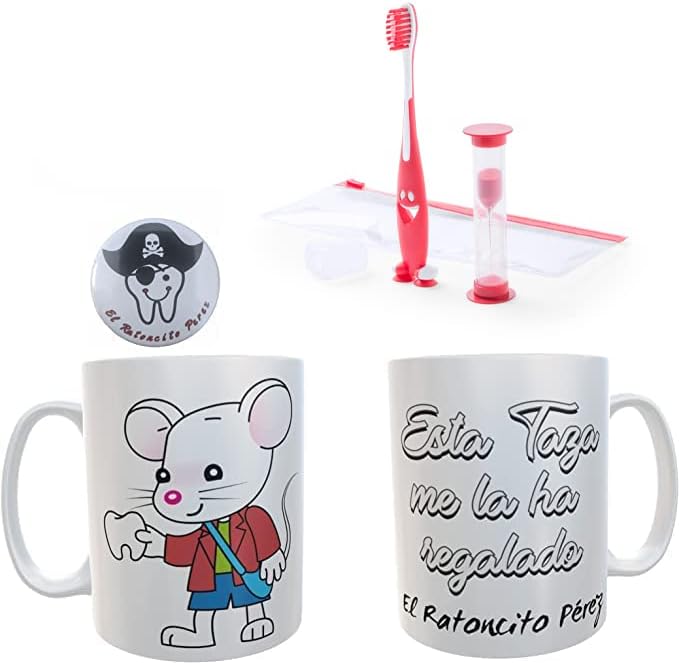 Pack de Taza desayuno ratoncito perez + chapa divertida Ratoncito Pérez + Cepillo de Dientes