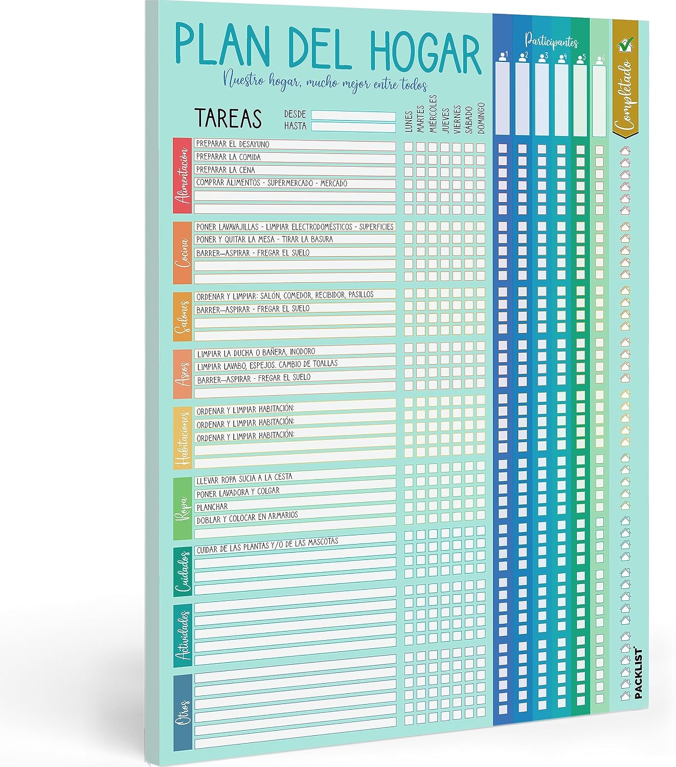 PACKLIST® Planificador de Tareas del Hogar A4 (Sin Fechas) – Cuadrante de Limpieza Semanal Familias y Compañeros de Piso (Hasta 6 Personas) – Bloc Arrancable 52 Hojas 100g – Ecológico sin Plástico