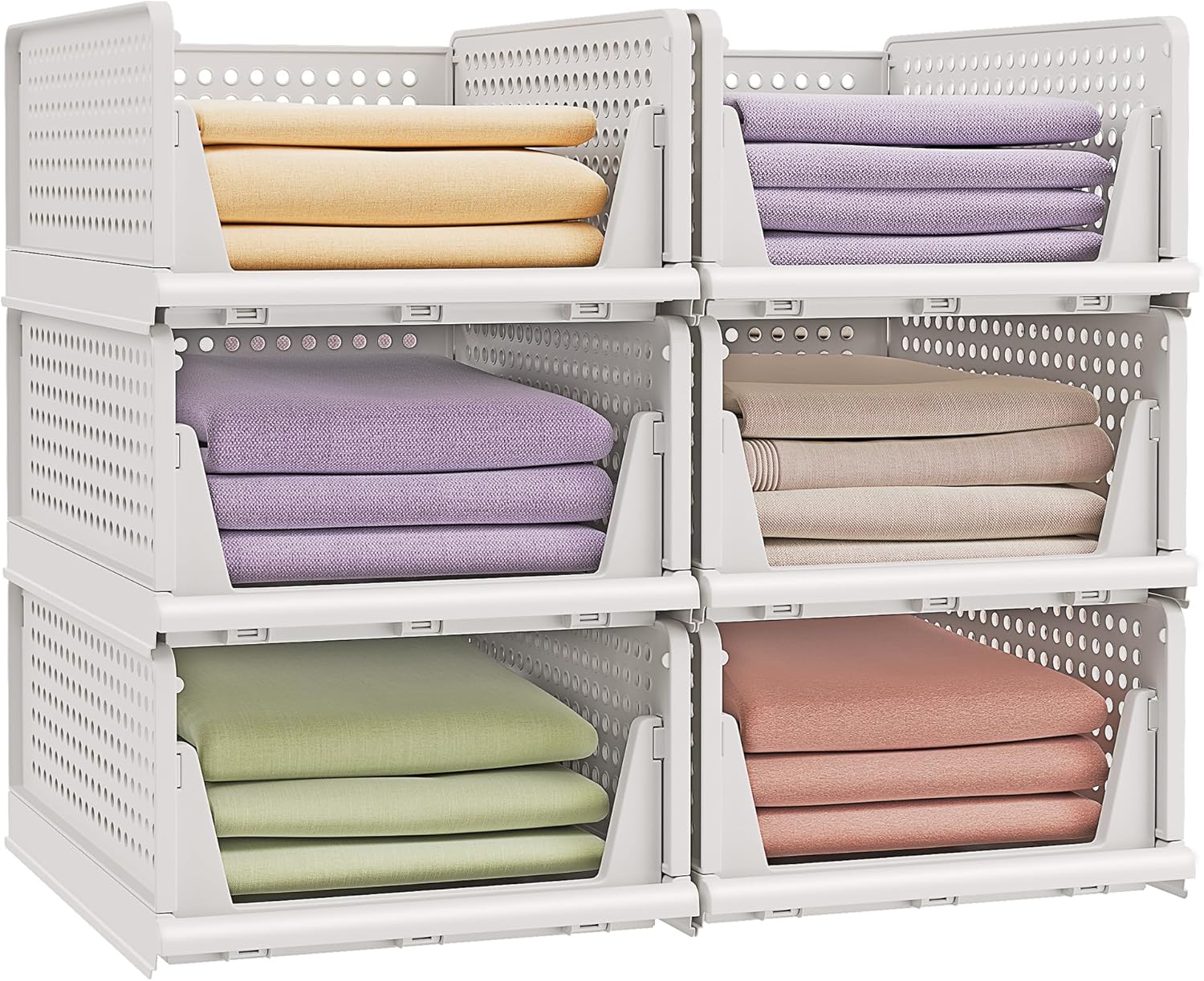 SONGMICS Organizador de Armario Plegable, Apilable, Cesta Extraíble, Juego de 6, Blanco LPC600WZ01