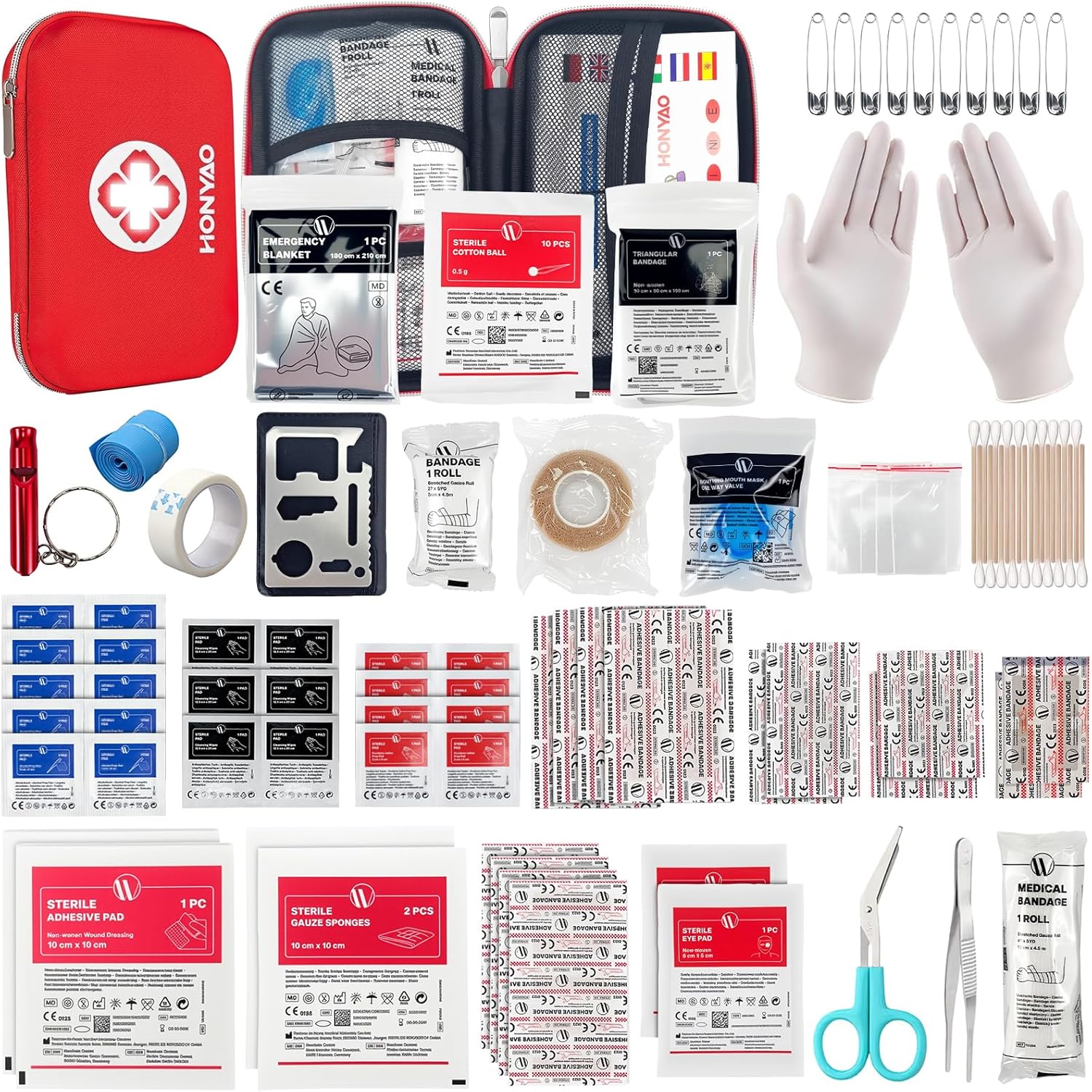 HONYAO Botiquín de Primeros Auxilios de 200 piezas Mini Kit de Supervivencia