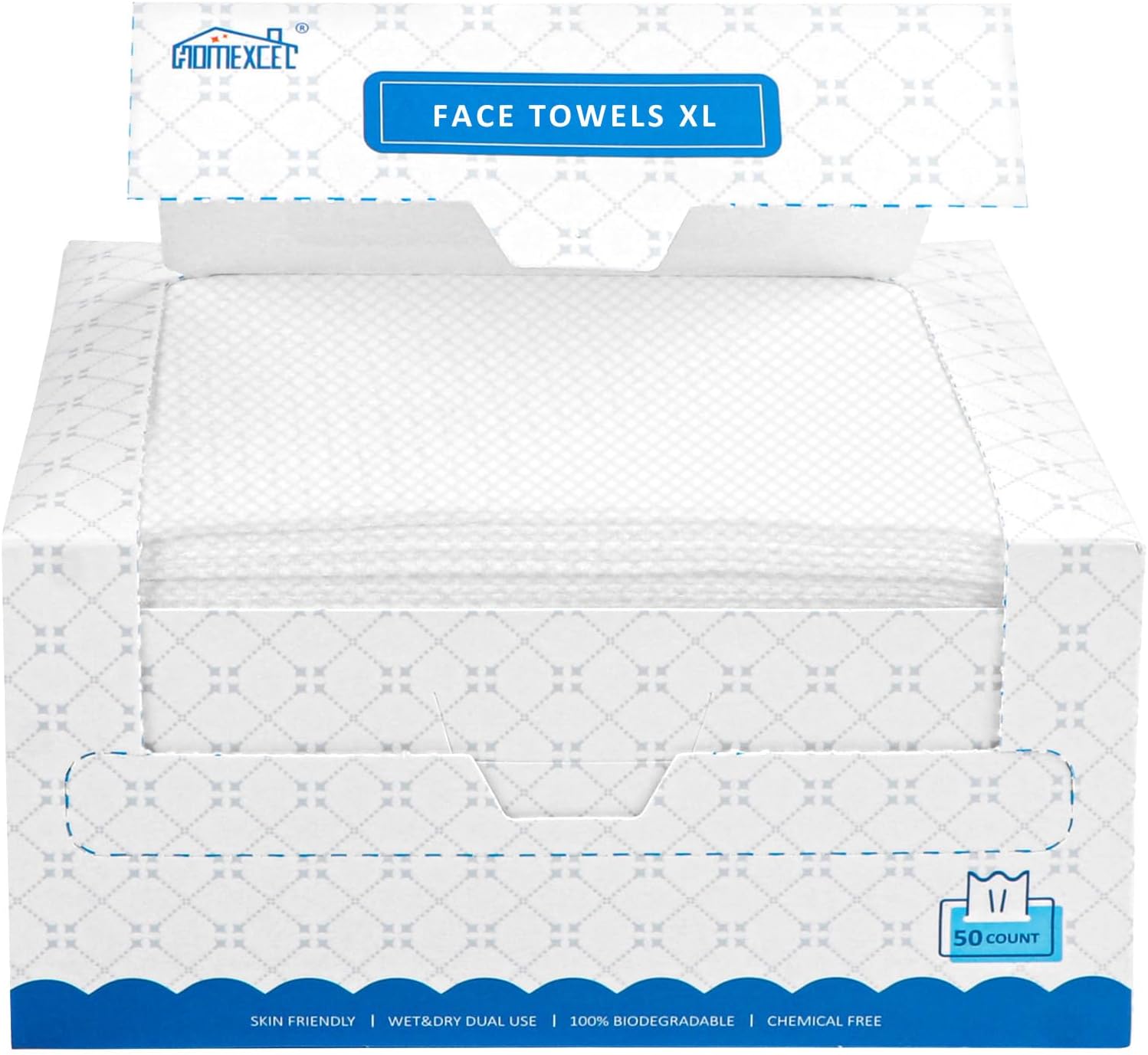 HOMEXCEL Toallitas Faciales Desmaquillantes Desechables, 20 X 20 cm Super Suaves, Biodegradables, Secas, Para Piel Sensible, 50 Piezas