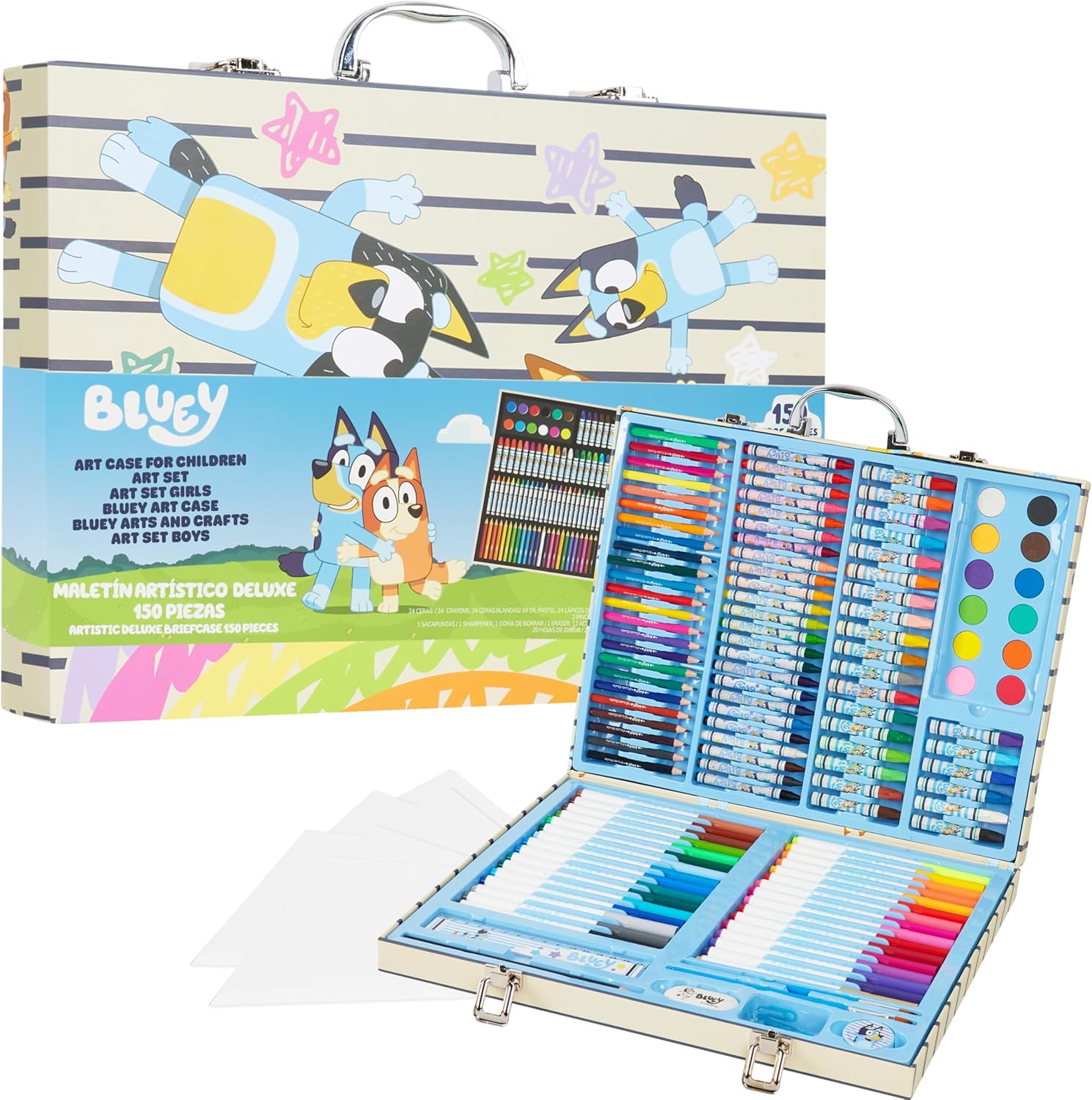 Bluey Maletin Pinturas para Niños, Más de 140 Piezas de Arte para Viaje o Escuela (Estuche Azul)