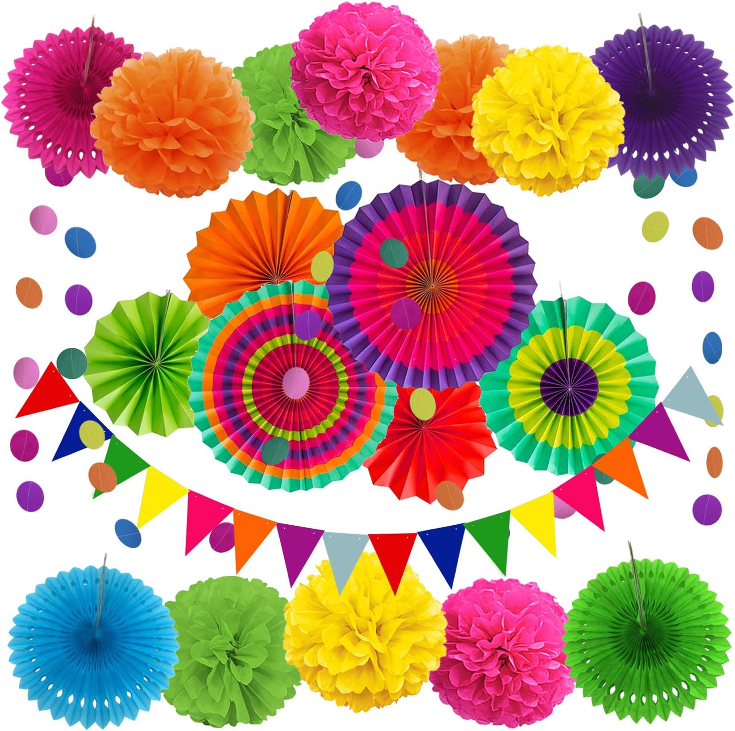 ZERODECO Decoración de la Fiesta, 21 Piezas Abanicos de Papel Bola de Nido Pom Poms Ventilador Cumpleaños Boda Carnaval Bebé Ducha Home Party Supplies Decoración (Multi)