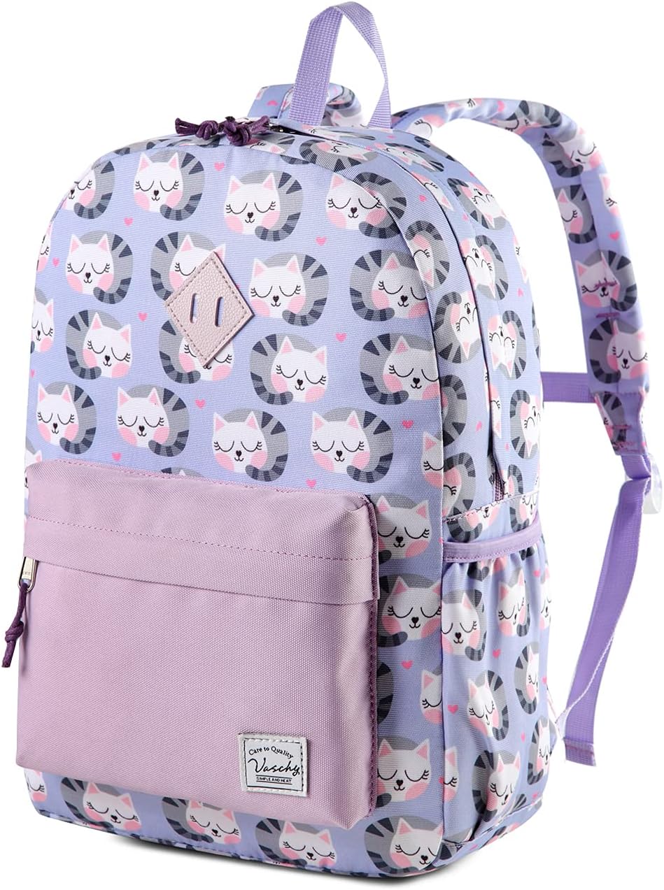 VASCHY Mochila escolar para niños y niñas con hebilla en el pecho - Gatito morado
