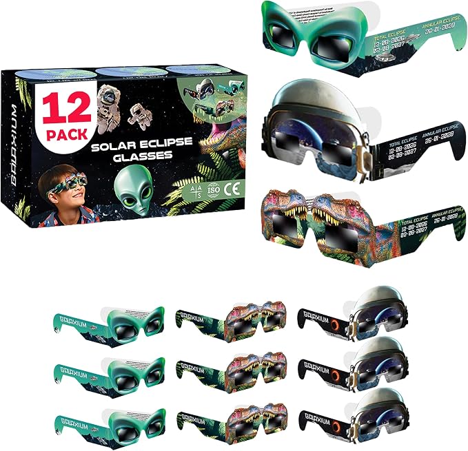 Galaxium Gafas Eclipse Solar 2026 [12 Pack] Niños y Niñas - Temática Española, Animales, Alien, Astronauta, Dinosaurio