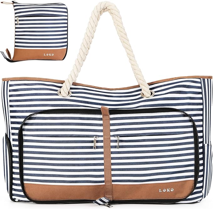 Lekespring Bolsa de Playa Grande XXL con Cremallera para Mujer, Bolso Familiar Impermeable y Plegable