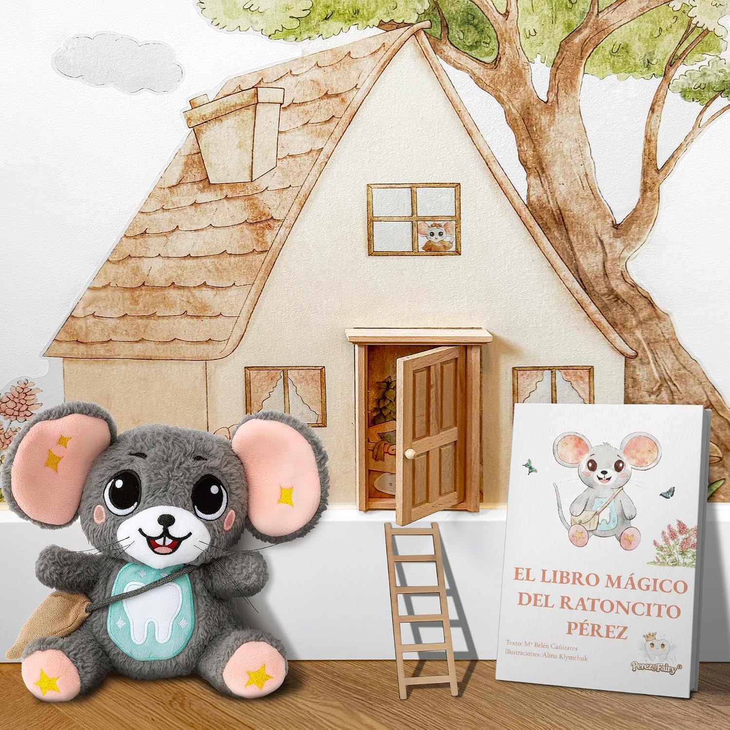 Perez&Fairy Puerta Ratoncito Perez que se Abre | Con Vinilo de Pared, Escalera de Madera y Peluche Raton Pequeño | Kit Casita Ratoncito Perez con Libro de Cuentos y Certificado